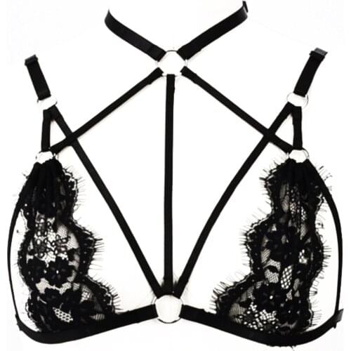 JLX.HARNESS Women Bondage Harness Lace Bra Black Goth Lace Bra Body Harness Punk Perspective Cage Sexy Lingerie