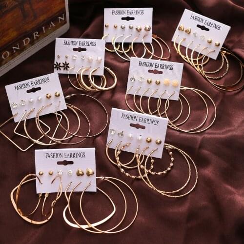 FNIO Vintage Geometirc Metal Hoop Earrings Set For Women Gold Silver Color Circle Hoop Earrings Серьги Hot Jewelry Gift 2021New