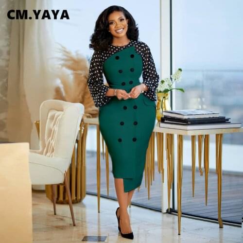 CM.YAYA Women Dress Patchwok Full Lantern Sleeve Sheath Elastic Knee Length Asymmetrical Dresses Office Lady High Street Outfit