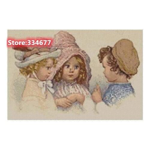 Three cute girls, kids Listen Sewing Top Quality Embroidery Needlework 14CT Unprinted Art Cross Stitch Kits DIY Handmade Decor