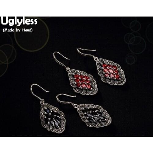 Uglyless Vintage Thai Silver Rhombus Earrings for Women Hollow Chalcedony Earrings Solid 925 Silver Fine Jewelry Handmade Bijoux