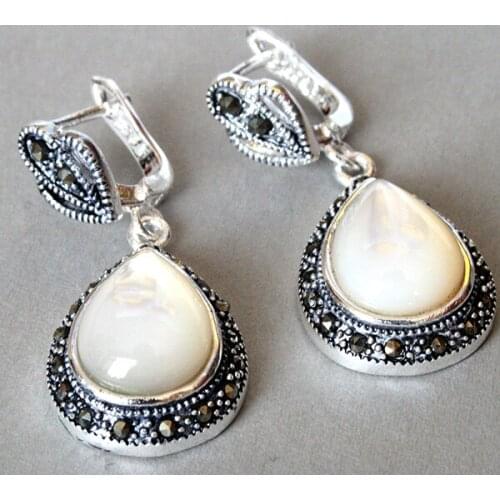Unique ladys 925 Silver Natural White Sea Shell Marcasite Waterdrop Earrings 11/2"