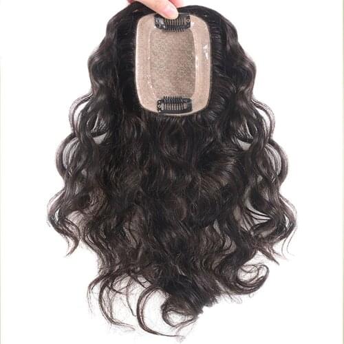 BYMC Peruvain Human Hair Toupee For Women 7*10 Lace With Silk base Replacement System Loose Wave with Clips Cover White Hair