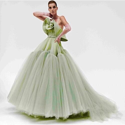 New Arrival Green A-line Tulle Party Dresses Women Off The Shoulder Fresh Long Prom Gowns Custom Made