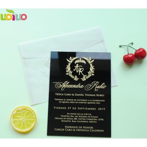 Black acrylic card with custom gold printing with Sulfuric acid paper envelop,translucent envelop