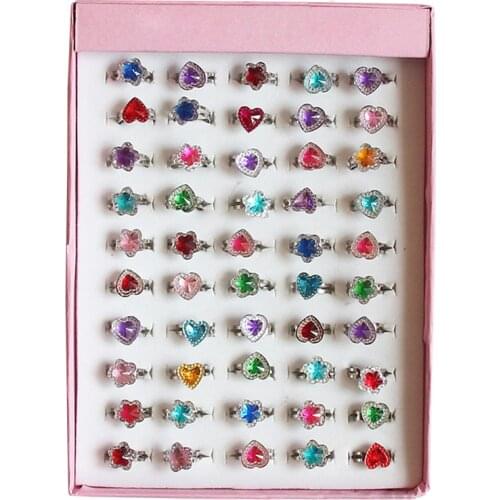 10Pcs Childrens Rings Cute Sweet Heart Crystal Princess Rings Toys Jewelry Mix Finger Rings Kid Girls Pretend Play Dress Up Toy