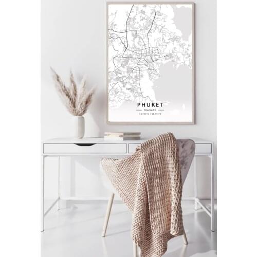 Thailand City World map Bangkok Chiang Mai Pattaya Phuket black and white map poster print unframe poster office decoration