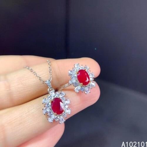 KJJEAXCMY Fine Jewelry 925 sterling silver inlaid natural ruby girl vintage necklace pendant ring set support test Chinese style