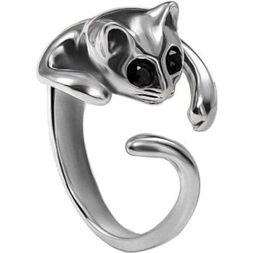 FDLK Cat Opening Ring Cute Pet Kitten Fashion Animal Kitty Black Color Eyes Rings for Women Fine Jewelry Wedding Bijoux
