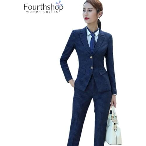 Fashion Striped Formal Pant Suits for Women 2 Pieces Pants Blazer Set Office Lady Business Work Trosuers Jacket Suit Female 2019