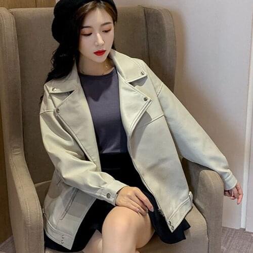 Korean Lapel Long sleeve Faux Leather Jacket Women Slim Short Black Biker Jacket Spring Casual Plus size Female Jaqueta De Couro
