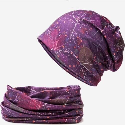 Ldslyjr 2021 Autumn Winter Print Cotton Skullies Cap Beanie Hat Solid Color Turban Hat Scarf Dual Use for Women 21