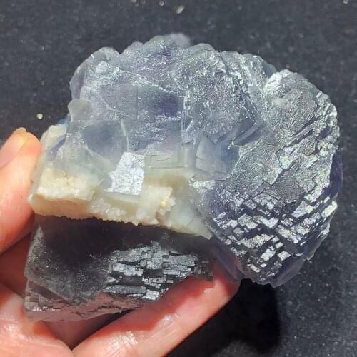 334gNatural ladder shaped violet blue fluorite and crystal symbiotic home decoration healing ring vein teaching mineral specimen