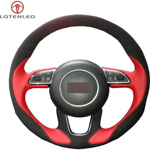 LQTENLEO Red Genuine Leather Black Suede Hand-stitched Car Steering Wheel Cover for Audi Q3 2013-2018 Q5 2013-2017 Q7 2012-2015