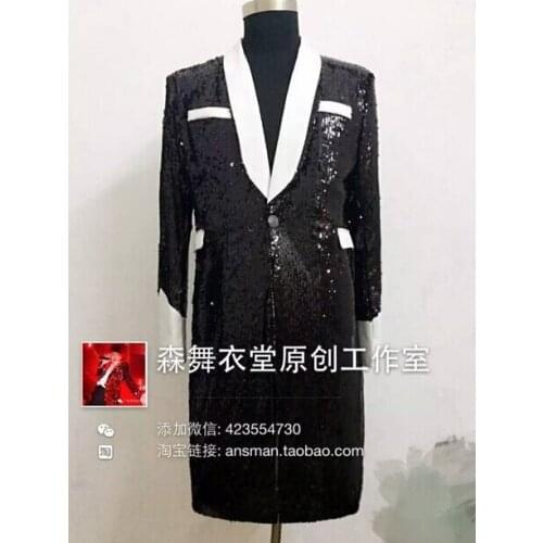 Mens Fashion Slim Sequins Bright Long Blazer Suit 2021 Male Singer Concert Black White Red Costumes Men Plus Size Clothing