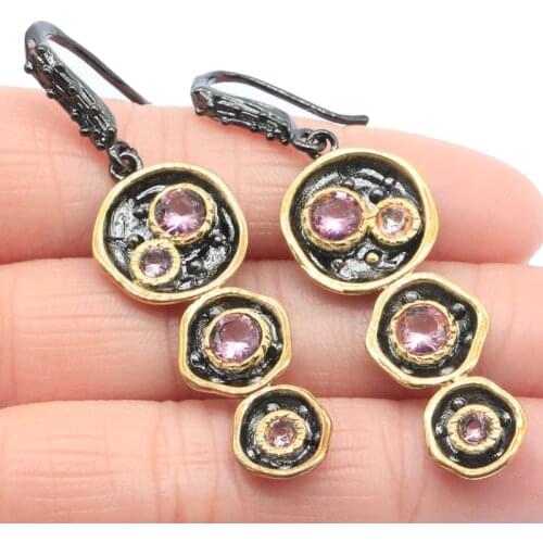 54x15mm Unique HipHop Gothic Jewelry Set Created Pink Kunzite Violet Tanzanite Cool Black Metal Silver Earrings Pendant HipHop