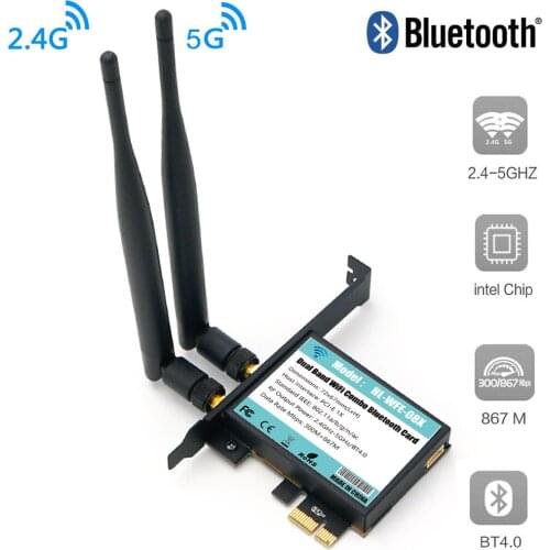 802.11AC Desktop Wifi Card 802.11 A/B/G/N/AC Bluetooth 4.0 AC1200 2.4Ghz-300Mbps/5Ghz-867Mbps Card With Low Profile bracket