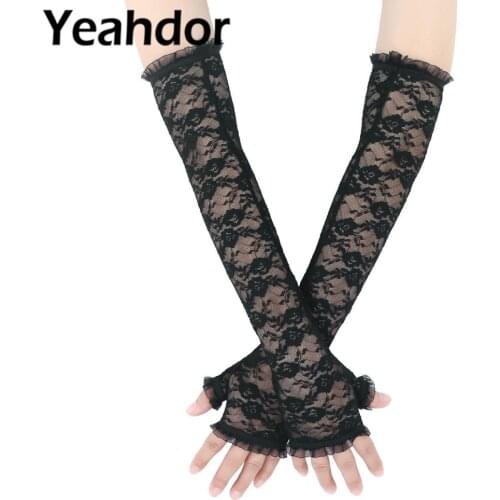 Summer Womens Long Fingerless Gloves for UV Protection Sun Protection Elbow Length Half Finger Hollow Out Lace Floral Gloves