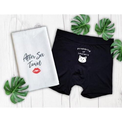 Personalize set of 2 This Belongs To Boxer Briefs with After Sex Towel, Gift For Boyfriend, wedding 2nd Anniversary=For Husband