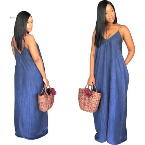 Summer Women Dress Sleeveless Denim Solid Beach Casual Loose Long Dress Ladies V-Neck Jeans Spaghetti Strap Dresses Female New