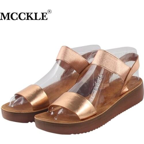 MCCKLE Women Sandals Casual Ladies Rome Summer Shoes Platform Wedges Slip On Pu Comfort Fashion Comfort Woman Footwear New 2021