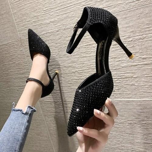 Block Heels For Women Pumps Shoes 2021 Sexy Sandals All-Match Footwear Pointed Wedge Chunky Straps Latest Bow Spring Crossdresse