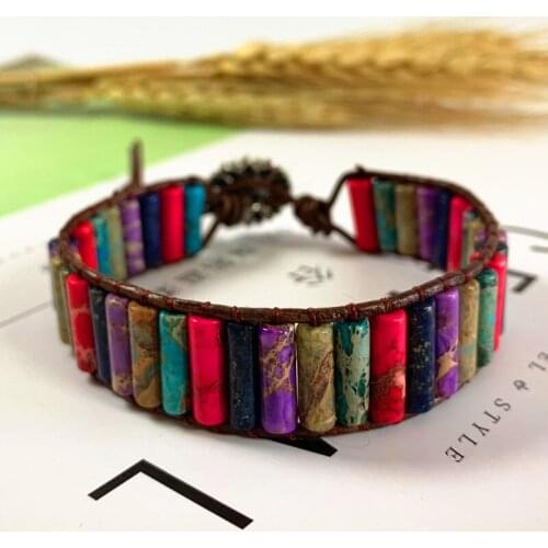 Vintage Beads Leather Wrap Bracelets Jaspers Beaded Bracelet Femme Bohemian Jewelry Colorful Imperial Stone Woven Leather