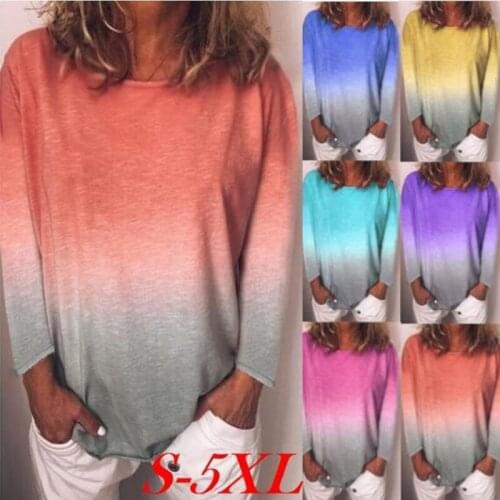 2021 autumn Rainbow gradient print long sleeve T-shirt women clothing Sexy Casual Fashion T shirts Tops Tees Tunic Plus size 5XL