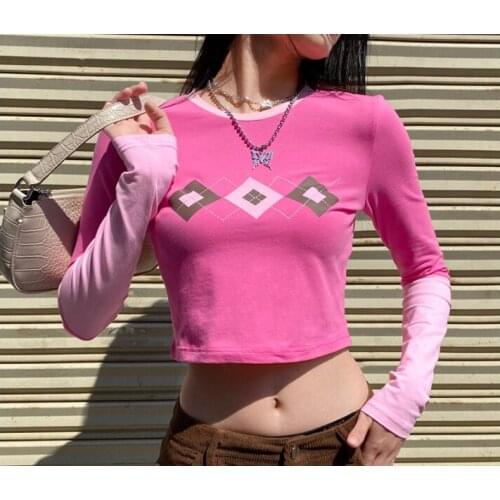 Street shoot short style features plaid print sleeves color matching round collar T-shirt womens slim top