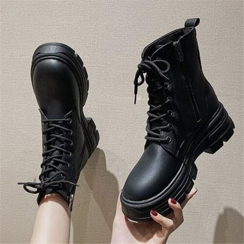Women Ankle Boots Winter Round Toe 5.5cm Heel Zip and Lace Up Platform Short Martin Boots 2022 Fashion Shoes for Woman Non-slip