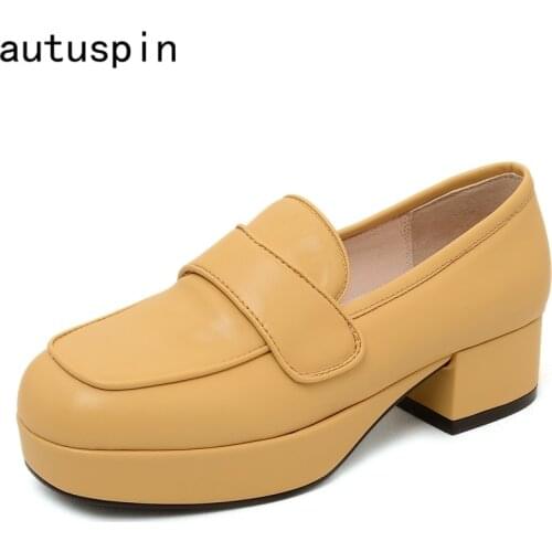 Autuspin Winter Genuine Leather Womens Pumps 2020 Autumn Fashion Female Chunky Heels Casual Platform Daily Party Thick Shoes