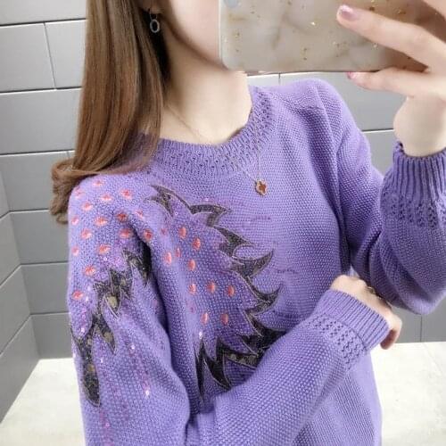 Spring Sweater Women Pullover Embroidered Knitted Sweaters Basic Tops Autumn Loose Purple Outerwear Long Sleeve Coats Female