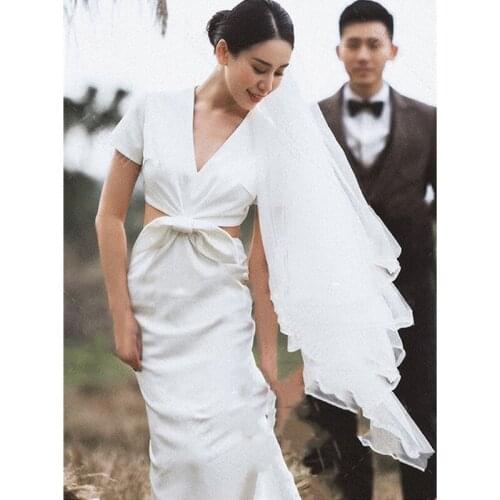KAUNISSINA Elegant Wedding Dresses Deep V-Neck Short Sleeve Simple White Bow Mermaid Bridal Gowns Women Long Robe De Mariee