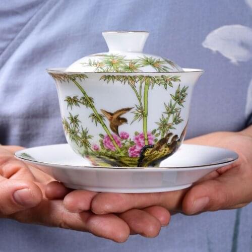 165ml Exquisite Enamel Ceramic Gaiwan Teacup Hand Painted Flowers and Birds Pattern Tea Bowl Chinese Porcelain Teaware Drinkware