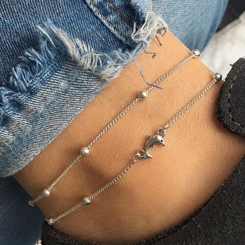 2 Pcs/Set Women Summer Classic Dolphin Bead Chain Pendant Multilayer 001 Anklet Set Kawaii Beach Clothing Jewelry