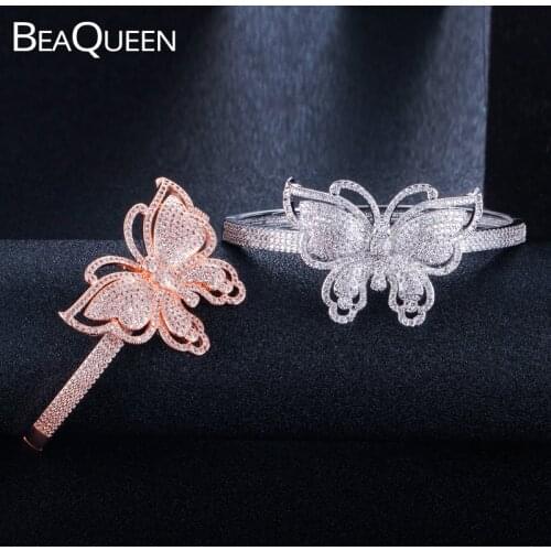 BeaQueen Luxury Brand Big Butterfly Shape Wedding Open Bangles Micro Pave Cubic Zirconia Rose Gold Color Women Jewelry B141