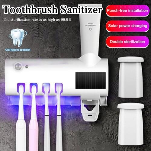 UV Toothbrush Holder Sanitizer Solar USB Powered Wall Mount Toothbrush Holder Toothpaste Dispenser for Bathroom