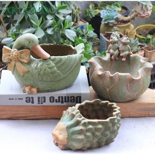 Ceramic Flower Pot Hedgehog Goose Frog Bird Shape Flower Pot Animal Sculpture Crafts Decoration Garden Micro-view Potted Plant