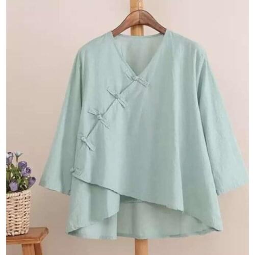 Chinese Style Oblique Button Women Blouses 6 Colors 2021 Vintage Cotton Linen Shirts V-Neck Top Irregular Female Clothing Blusas