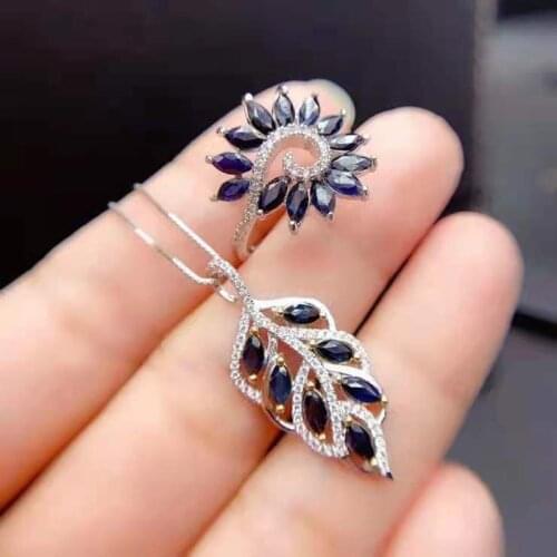 Natural Sapphire S925 Sterling Silver Ring Pendant Necklace Set Charming Fine Fashion Jewelry for Women MeibaPJFS