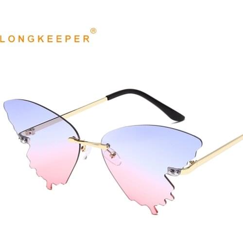 LongKeeper Luxury Rimless Butterfly Sunglasses Women 2020 New Cat Eye Sun Glasses Female Blue Pink Shades lentes de sol mujer