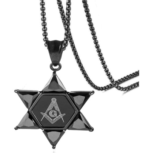 New Hexagon Masonic Star Of David Pendant For Men Women Necklace Black CZ Stones Freemason Masonry Casual Jewelry