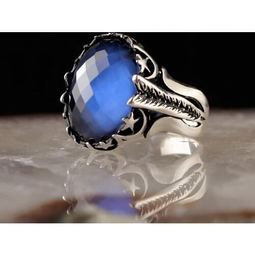 Parlement Blue Zircon Cubic Zirconia Crescent 925 Sterling Silver Ring