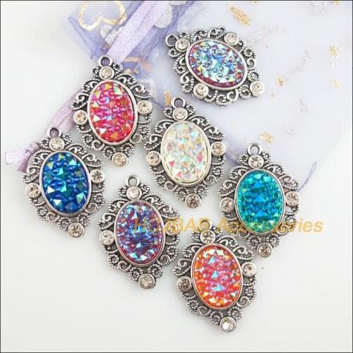 7 New Flower Charms Tibetan Silver Tone Retro Mixed Oval Resin Pendants 25x35mm