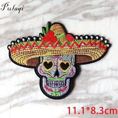 Pulaqi Straw Hat Skull Patch DIY Embroidery Iron On Punk Patches Rock Stripe Patch For Vikings Clothes Sticker T-shirt Applique