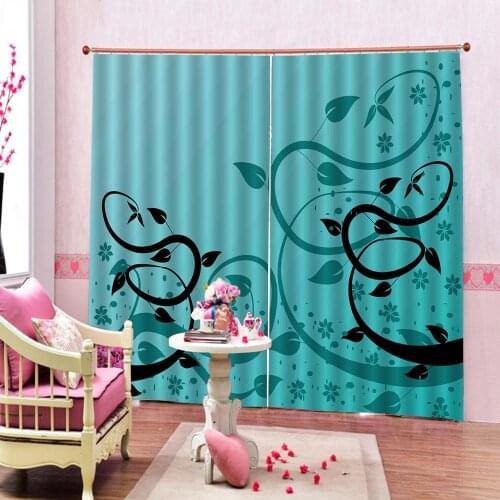 Navy Blue Black Leaves design Curtains For living room bedroom Dark blue background Blackout Drapes Sets (Left and Right Side)