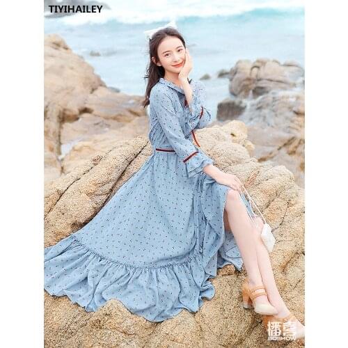 TIYIHAILEY Free Shipping Boshow Spring Summer High Waist Print Long Maxi Flare Three Quarter Sleeve S-L Flower Dress With Belt