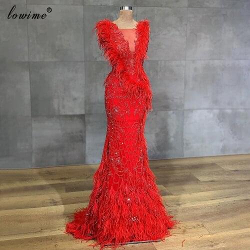 Luxury Red Crystals Evening Dresses 2021 Mermaid Feathers Evening Gowns Celebrity Dresses Wedding Party Gowns вечернее платье