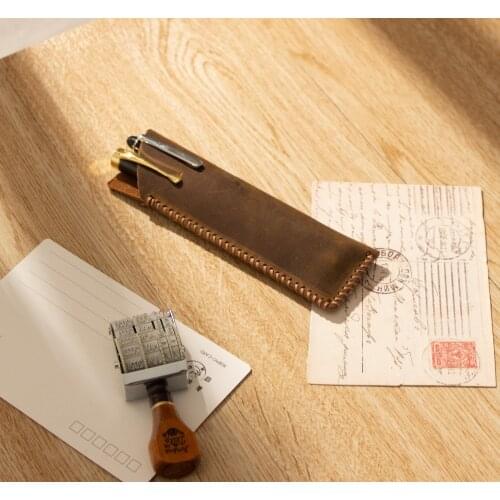 Retro Crazy horsehide genuine Leather pen bag Pouch Purse Sheath pen diary accessories Notebook planner handmade vintage