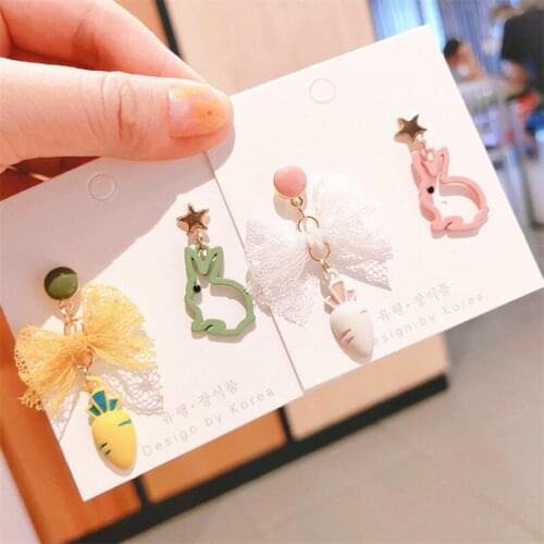 Asymmetrical Rabbit Earrings for Girls серьги 2020 тренд Cute Cartoon Carrot Lace Bowknot Drop Earrings New Small Fresh Dangler